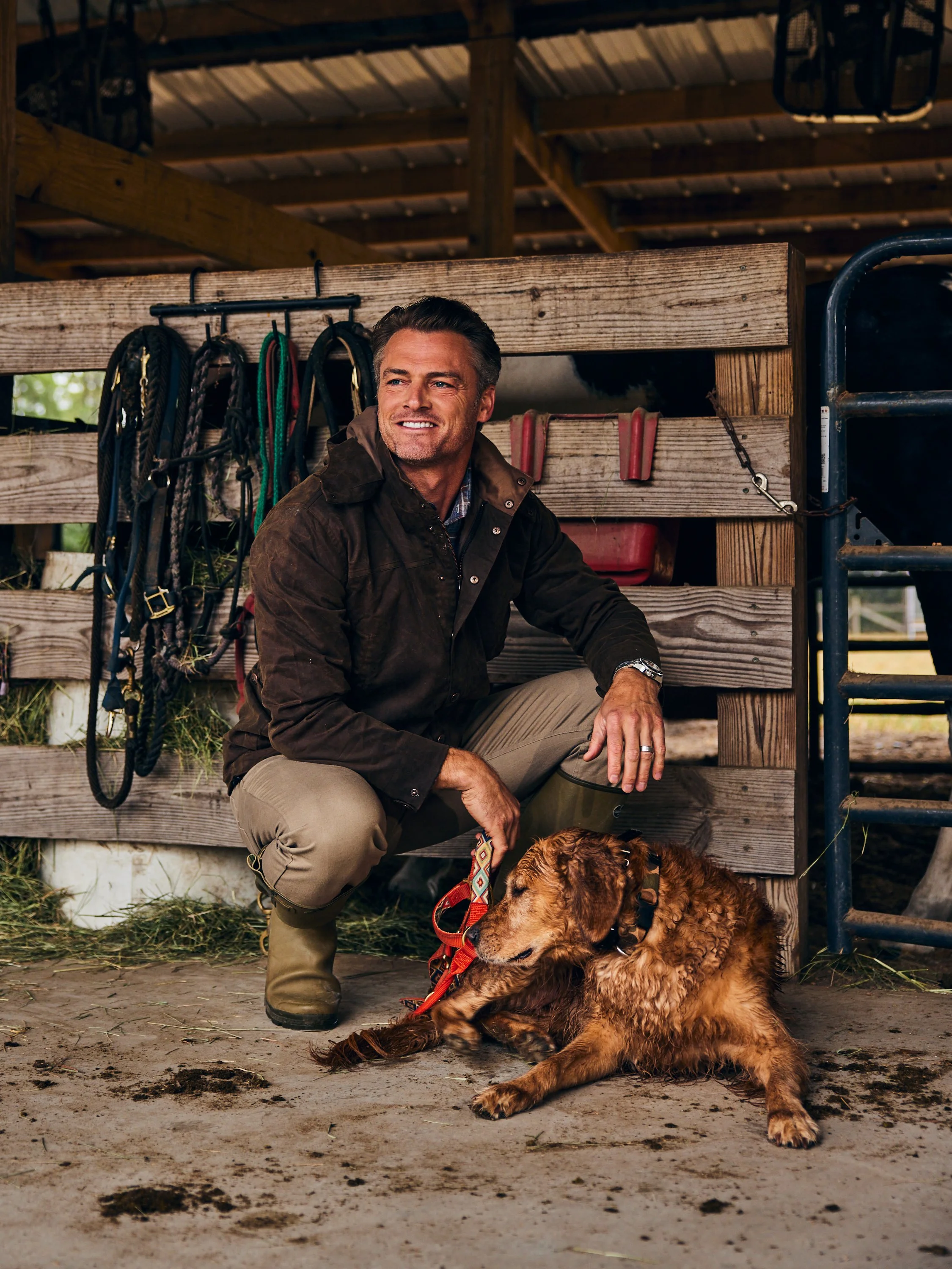 A man in riding boots and a brown jacket squats next to a golden retriever puppy in a barn. The man is smiling and the puppy appears to be chewing on its leash. Behind them are horse tack and equipment hanging on wooden beams.