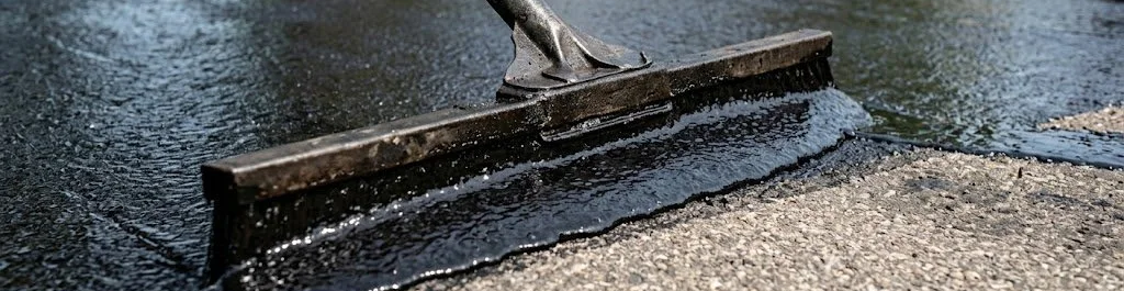 Close-up of a squeegee sealcoating an asphalt driveway.