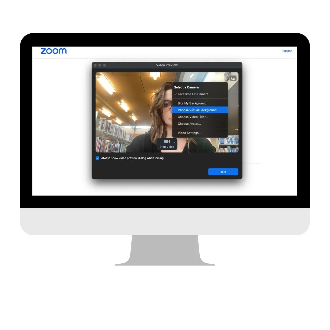 1. Enter Zoom meeting and in the bar at the bottom of your Zoom screen, click arrow next to video icon and click 'virtual backgrounds'