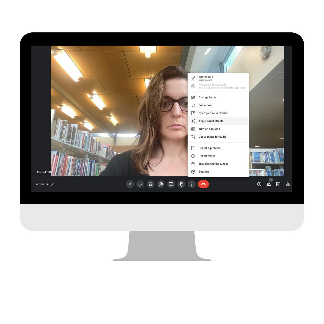 2. In the bar at the bottom of your Google Meet screen, click three dots then 'apply visual effects'