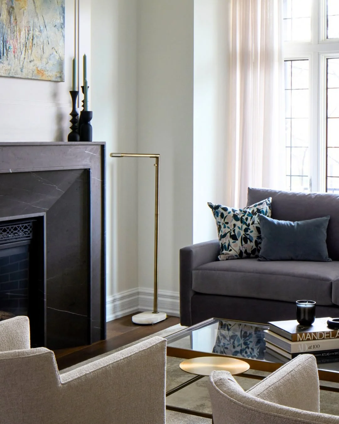 A dramatic fireplace surround never hurt nobody 🤷&zwj;♀️⁠
⁠
For the Project Bidewell living room fireplace, we chose a charcoal grey natural stone, providing contrast to the space&rsquo;s creamy, neutral colour palette. ⁠
⁠
How gorgeous is this vein