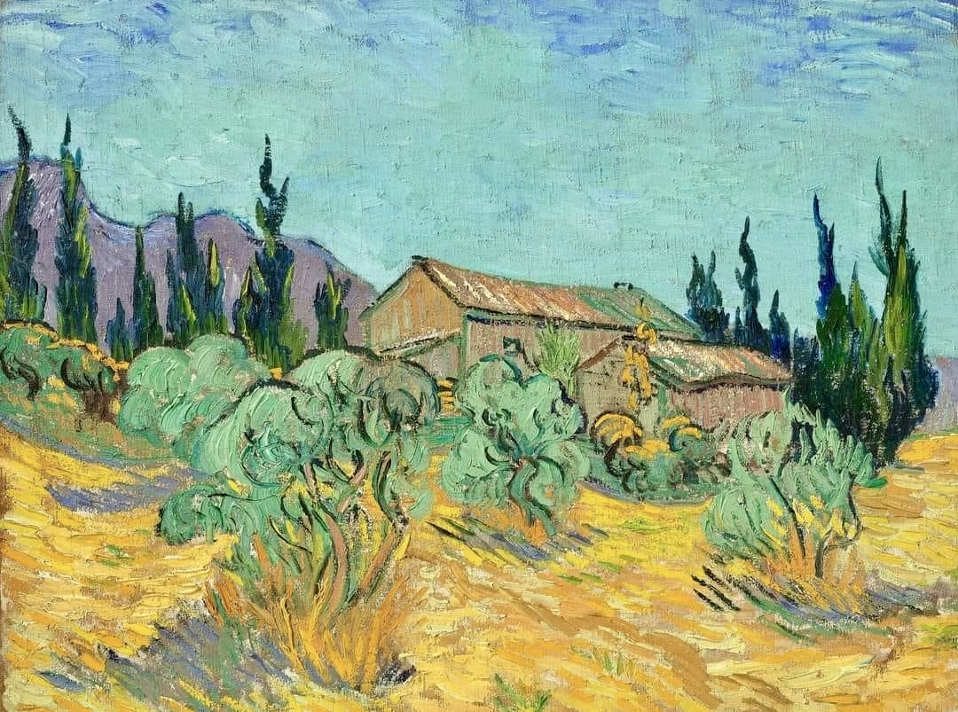 Vincent van Gogh, Wooden sheds among olive trees and cypresses, October 1889, Saint-Rémy