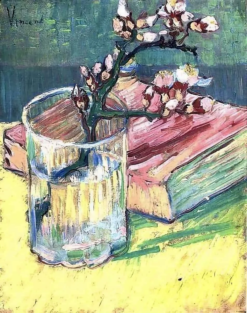 VINCENT VAN GOGH  “Blossoming Almond Branch in a Glass with a Book “ Arles, 1888 Private Collection
