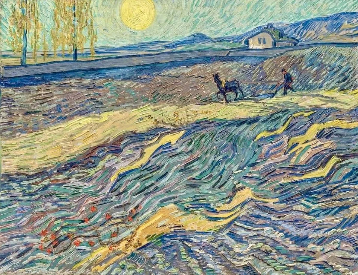 . Vincent van Gogh . Field with plow farmer - 1889