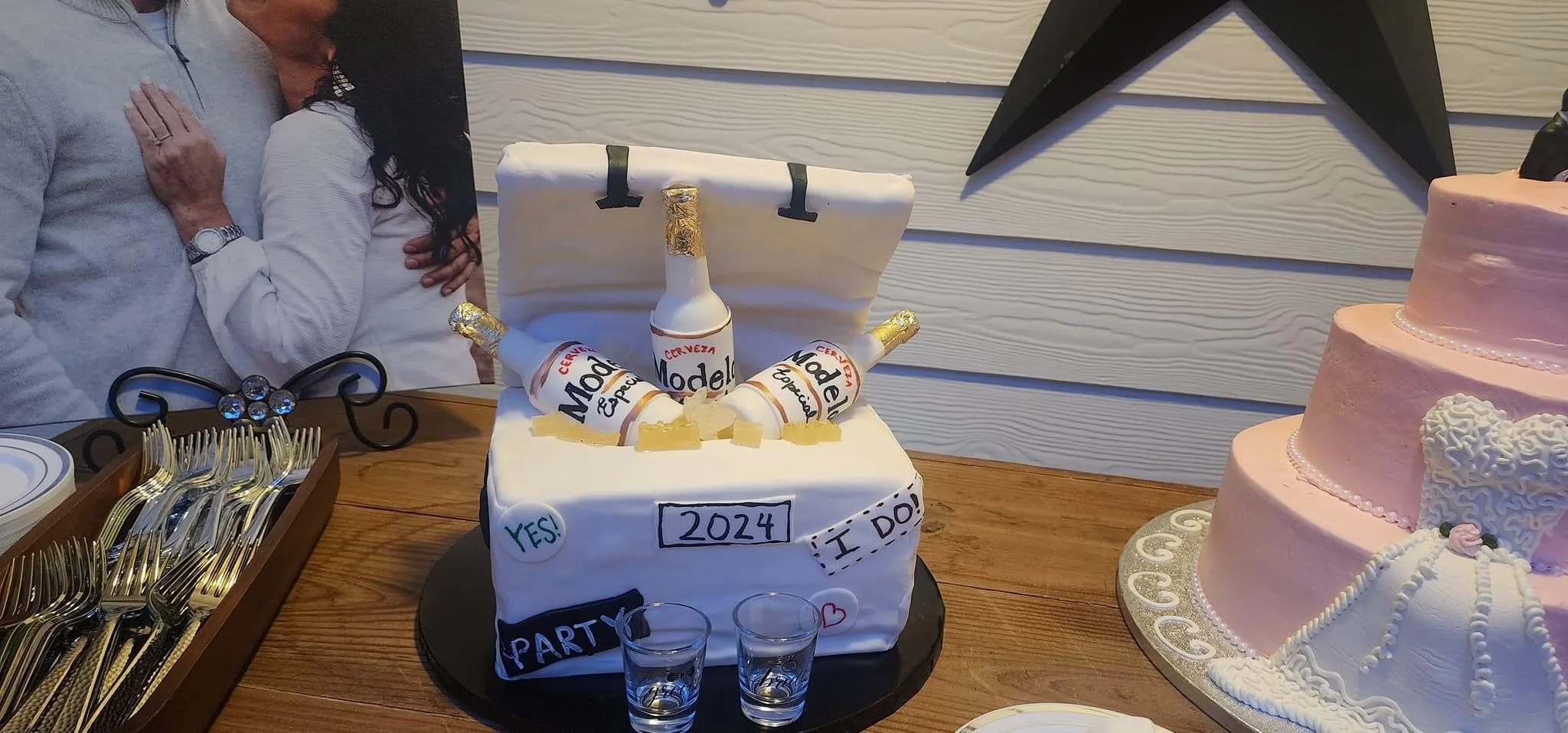 Realistic cooler cake filled with beer bottles designed for outdoor celebrations.