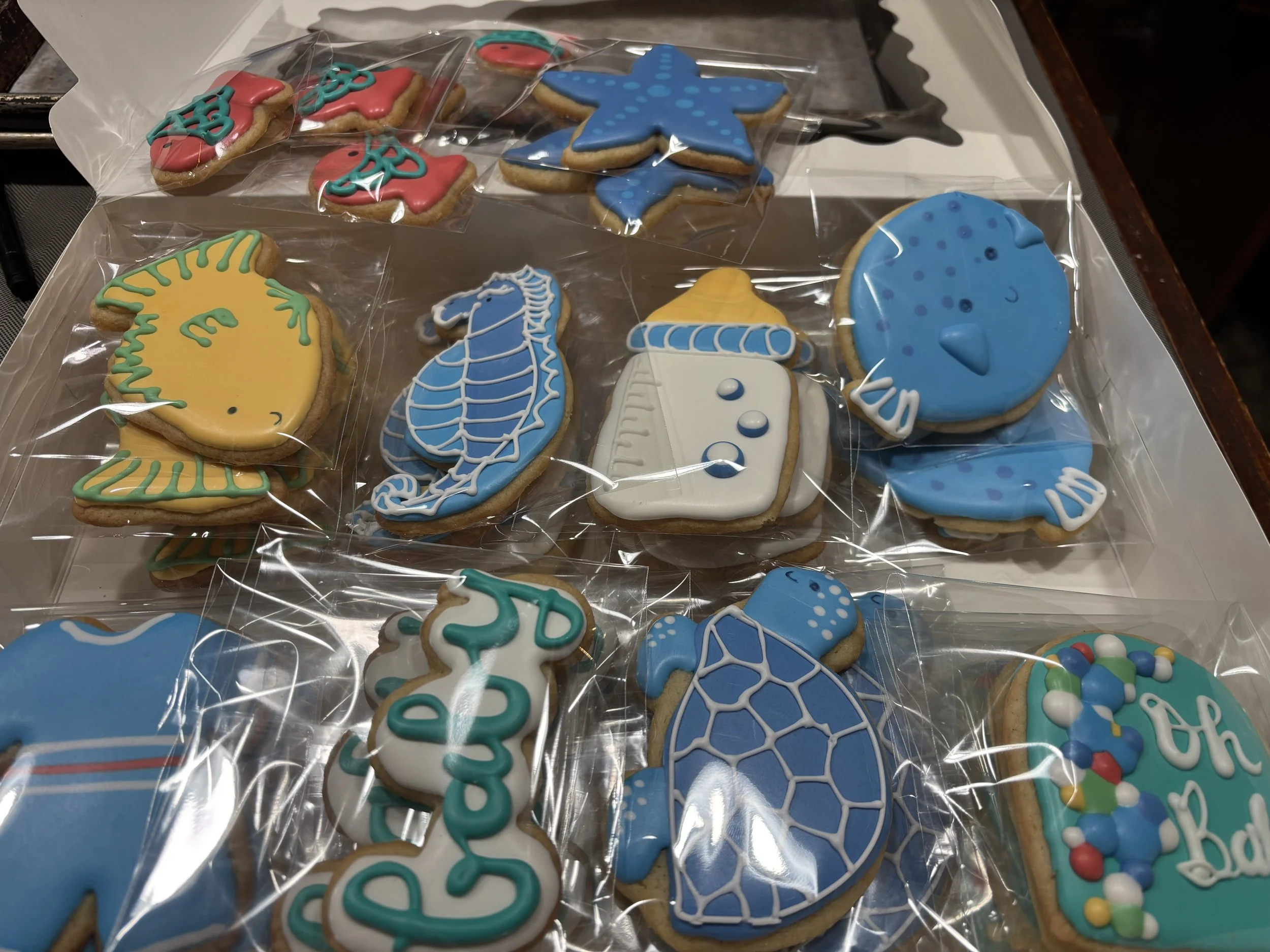 puffer fish, turtle, seahorse, starfish, baby bottle baby shower decorated sugar cookies