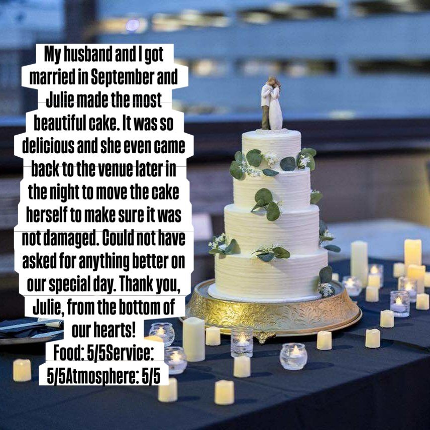 I love receiving glowing reviews from my couples! 
.
My husband and I got married in September and Julie made the most beautiful cake. It was so delicious and she even came back to the venue later in the night to move the cake herself to make sure it