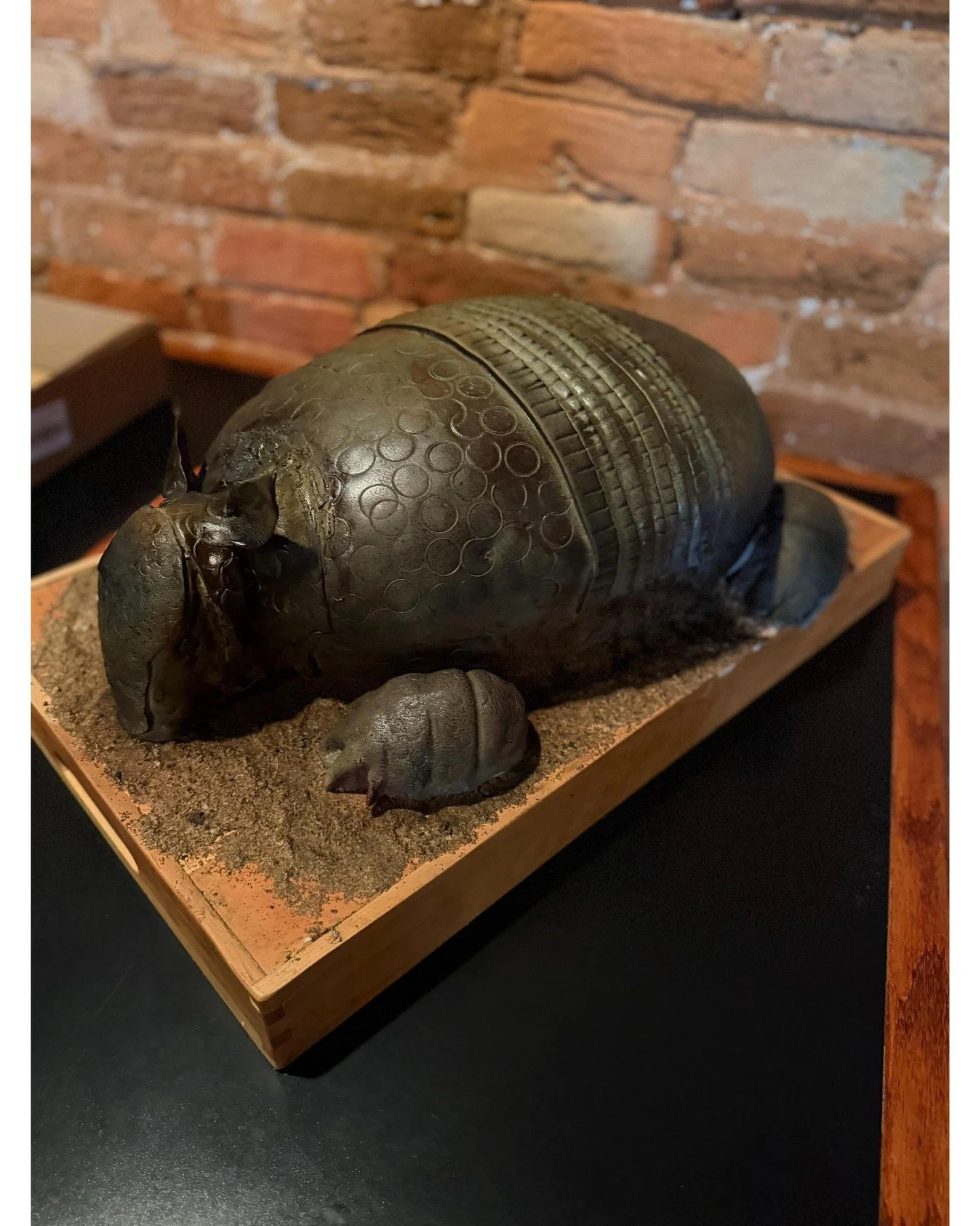 From this angle, it almost looks like it could move&hellip; 👀

This sculpted groom's cake was designed with realistic texture and dimension to bring it to life. It has crushed cookie crumbs on the board to represent the dirt armadillos love to dig i