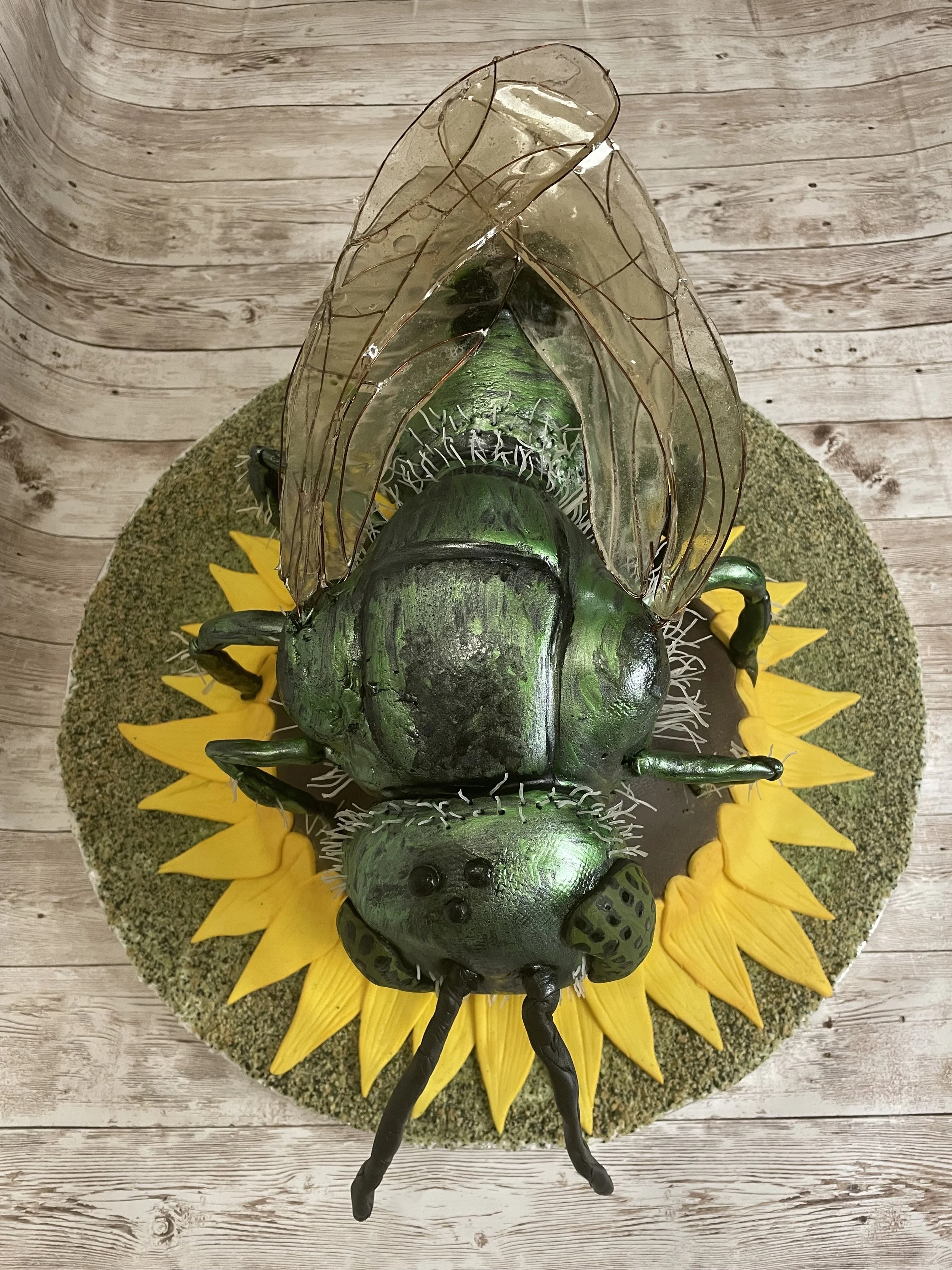A detailed realistic cake of a green metallic sweat bee with yellow petals around it, displayed on a circular green base on a wooden surface.