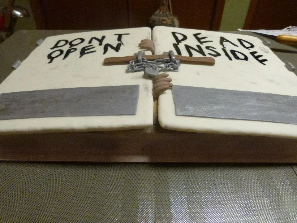 Horror themed sculpted door cake with 'Don’t Open Dead Inside' design