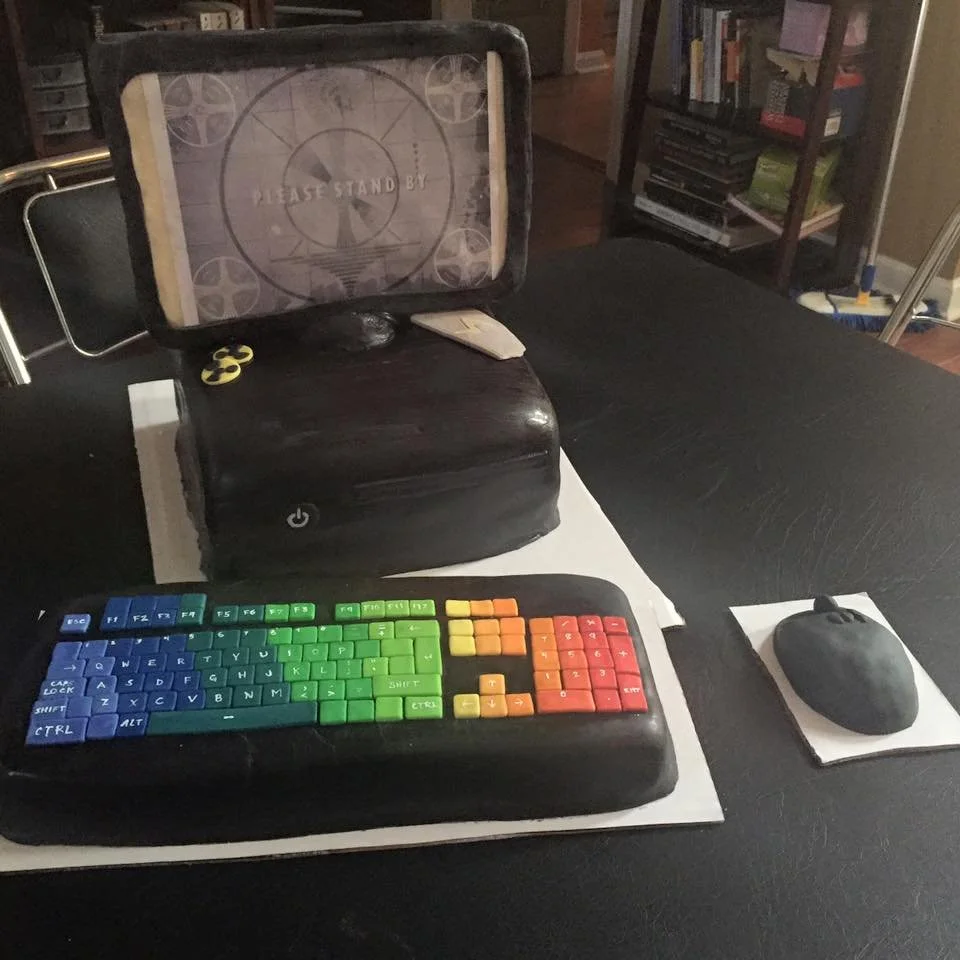 Custom gaming computer cake with edible screen, keyboard, and mouse
