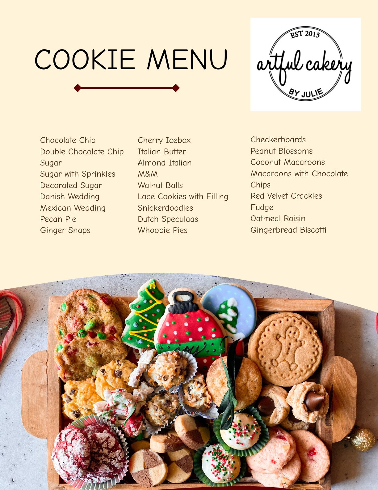 Christmas cookie platter with decorated cookies, chocolate chip cookies, and assorted holiday treats.