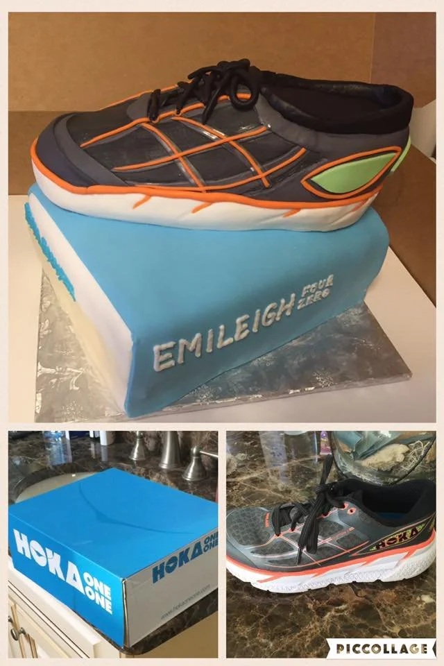 Sculpted athletic running shoe cake with custom shoe box