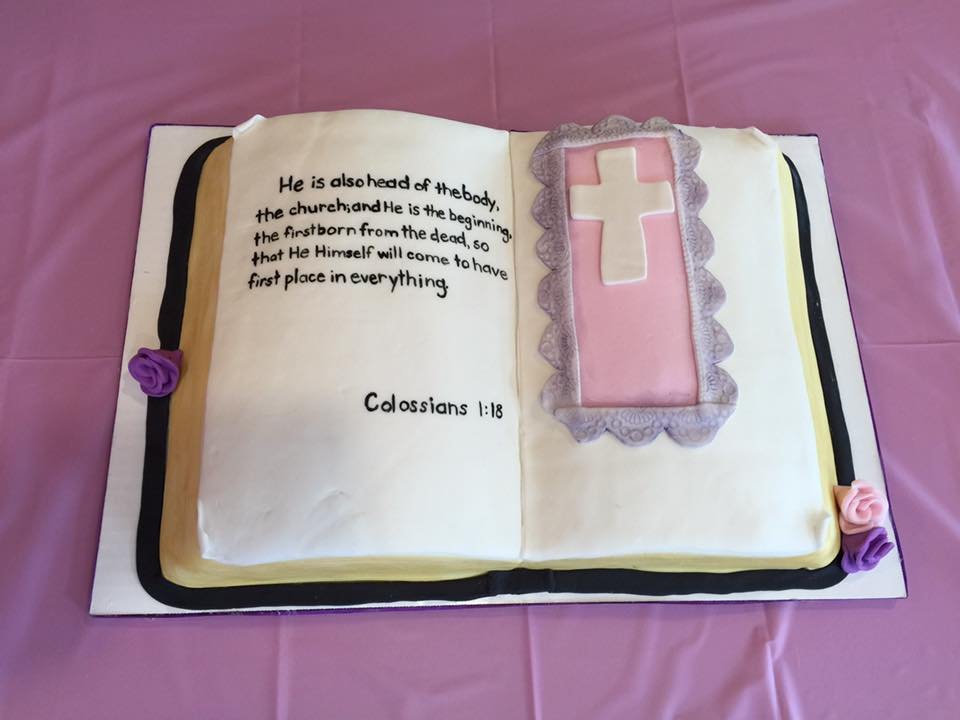 Open Bible sculpted cake with cross bookmark detail