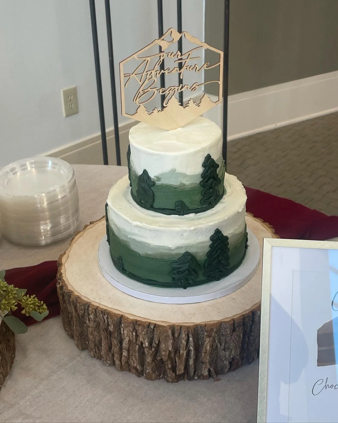 Two tiered buttercream groom's cake with mountains and trees