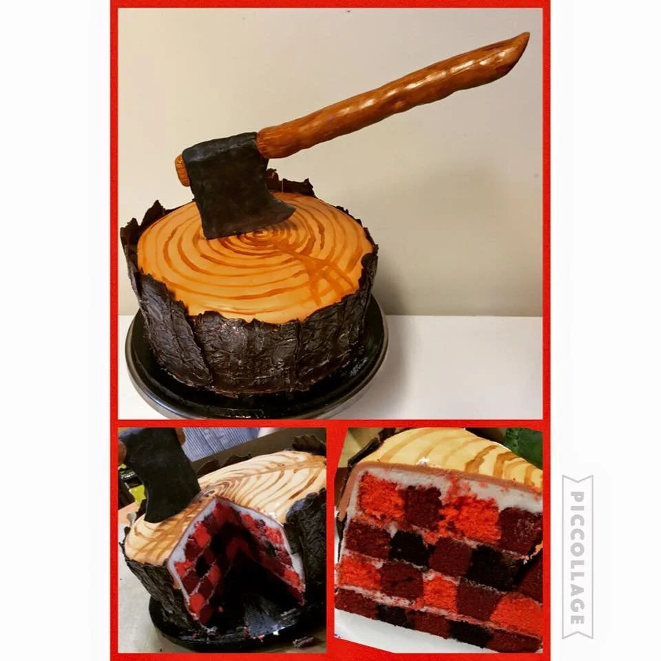 Tree trunk cake with edible axe on top and buffalo plaid interior design