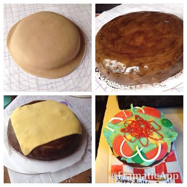 Behind the scenes carving and decorating process of realistic cheeseburger cake