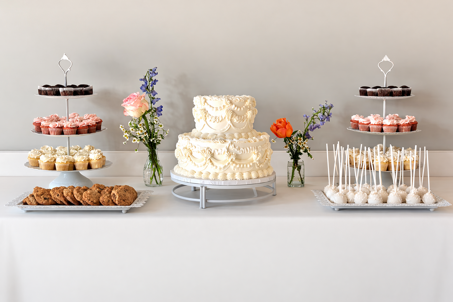 Wedding dessert table with buttercream wedding cake, cupcakes, cookies, and cake pops arranged on stands by Artful Cakery by Julie serving Atlanta and North Georgia weddings.