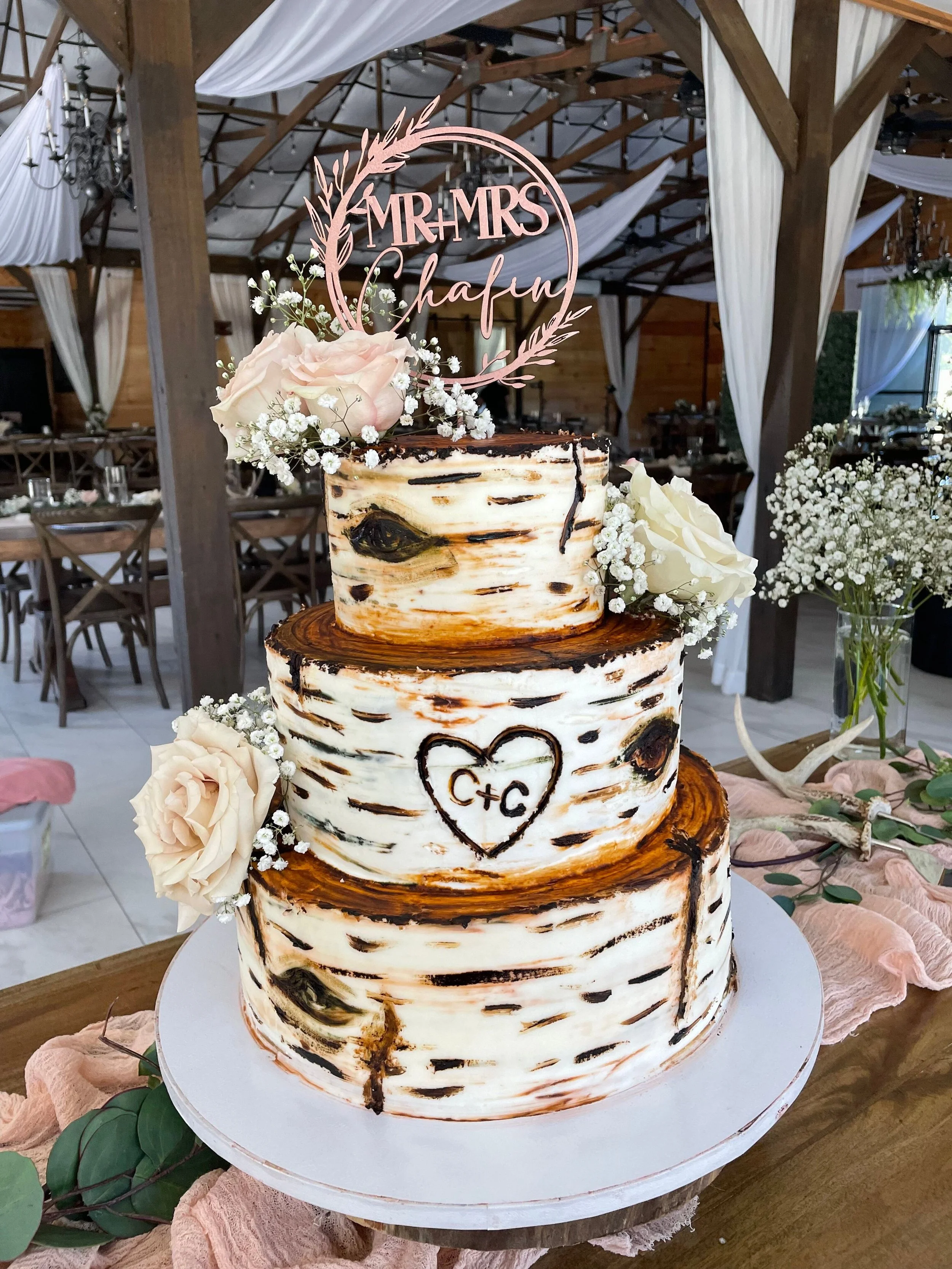 Lily Creek Farm Events birch bark tree trunk Wedding Cake