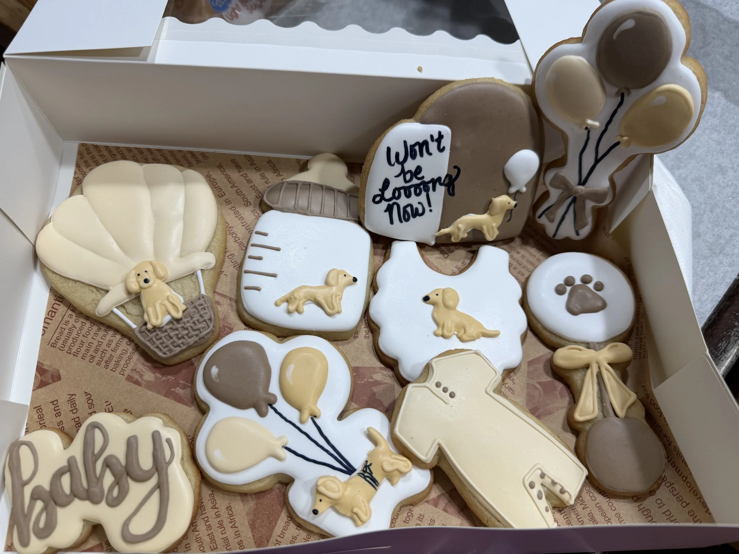 dachshund puppy weiner dog cookies neutral beige baby shower