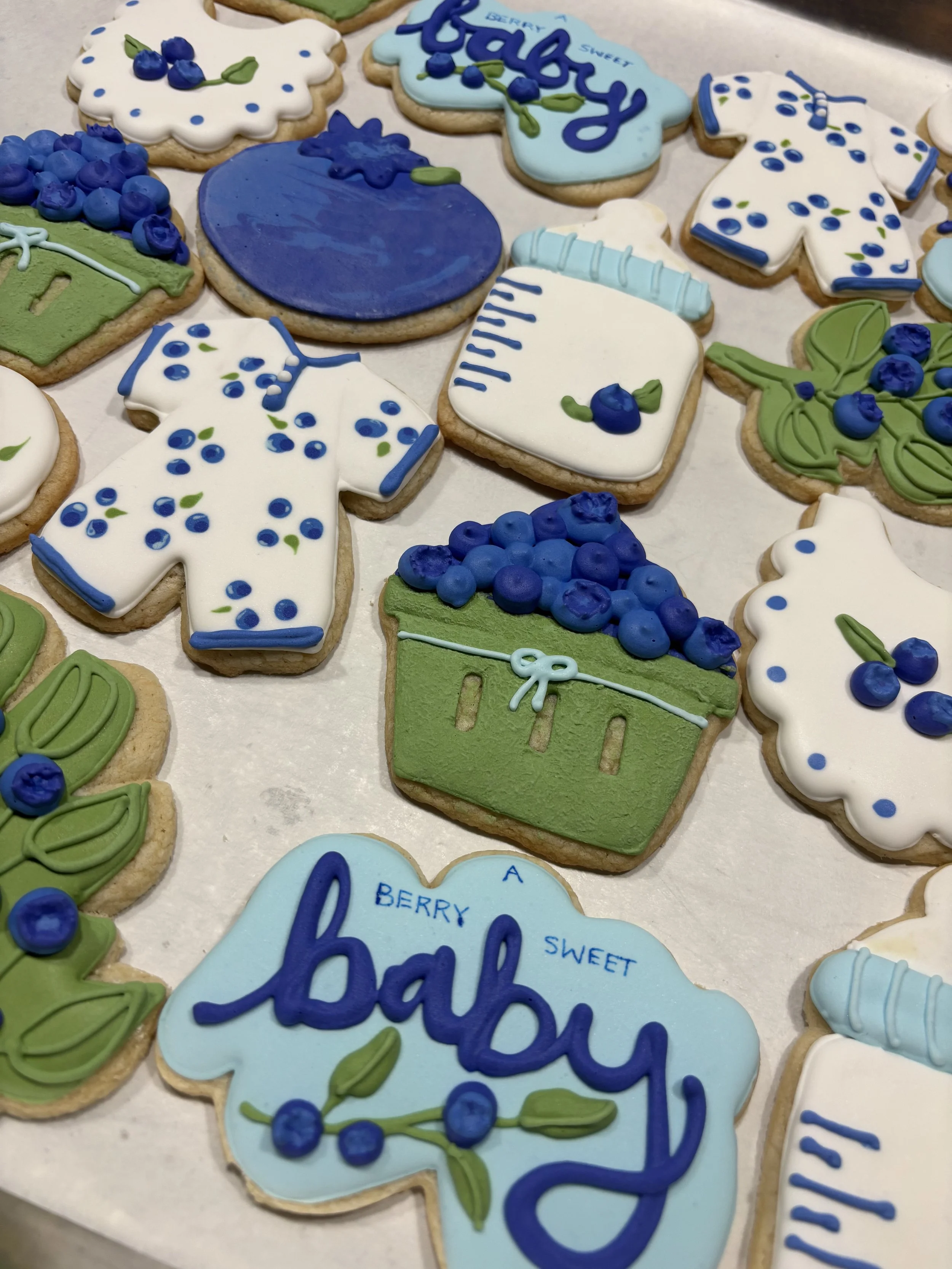 Blueberry themed baby shower custom decorated sugar cookies