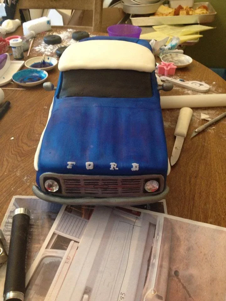 Vintage blue Ford truck sculpted cake for classic car lover