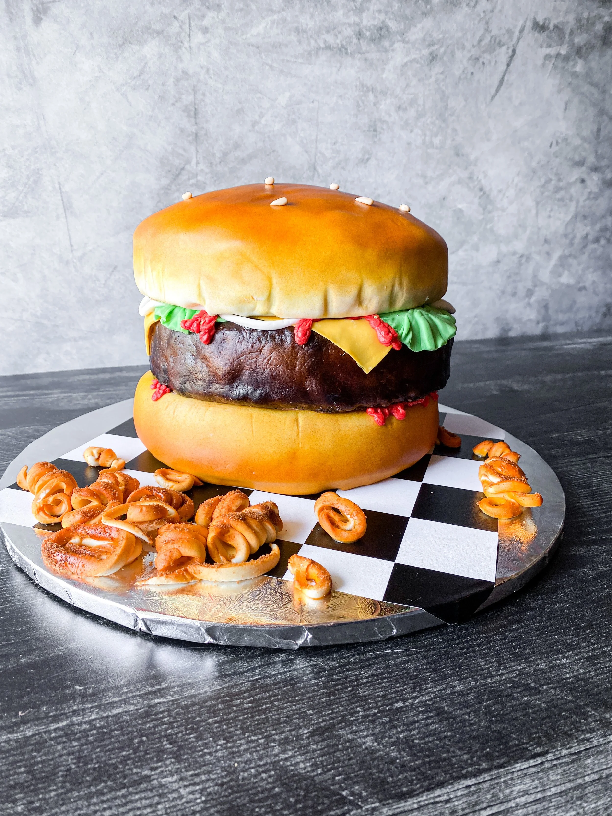 Cheeseburger cake with fondant curly fries