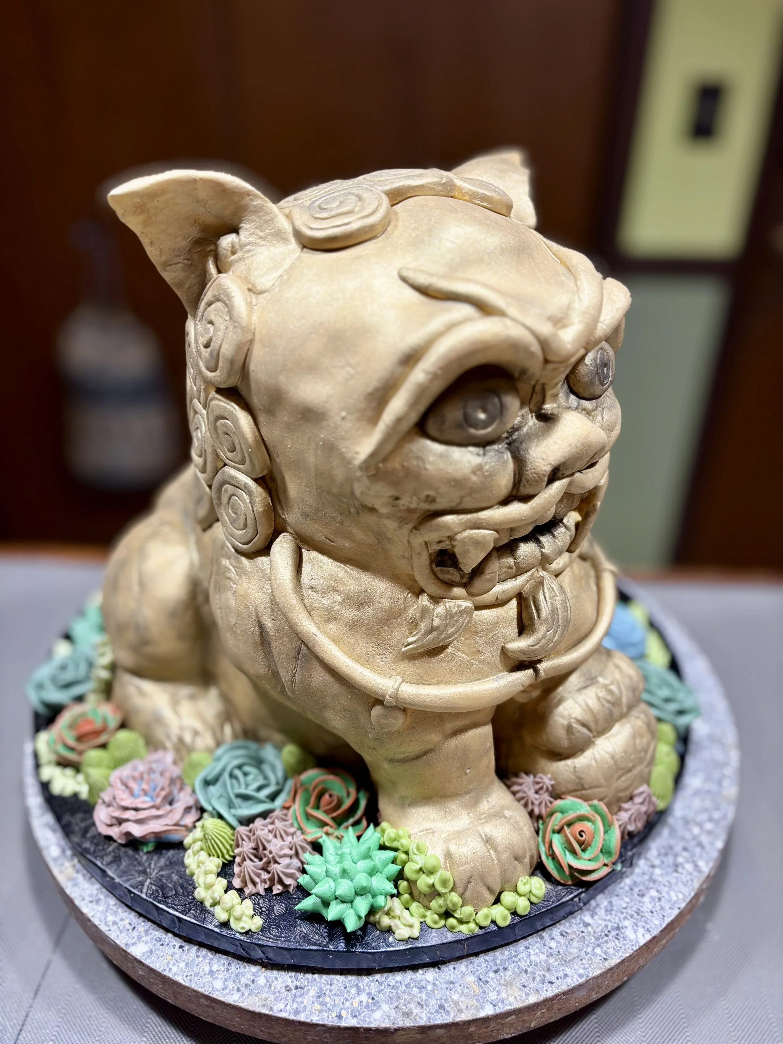 Fu dog cake with buttercream succulents