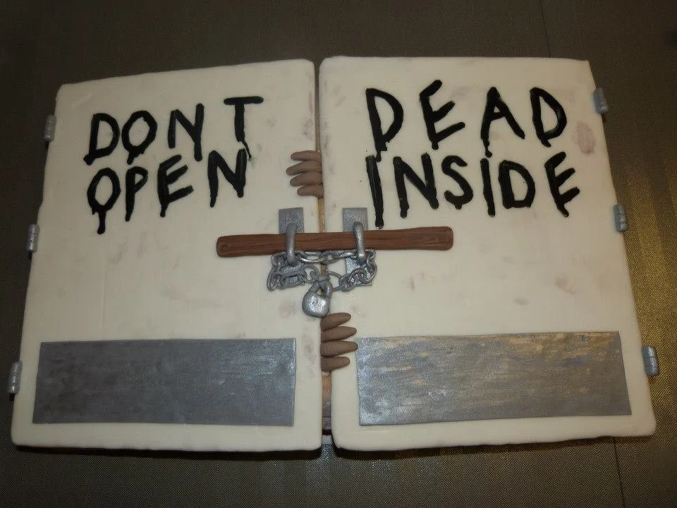 Horror themed sculpted door cake with 'Don’t Open Dead Inside' design