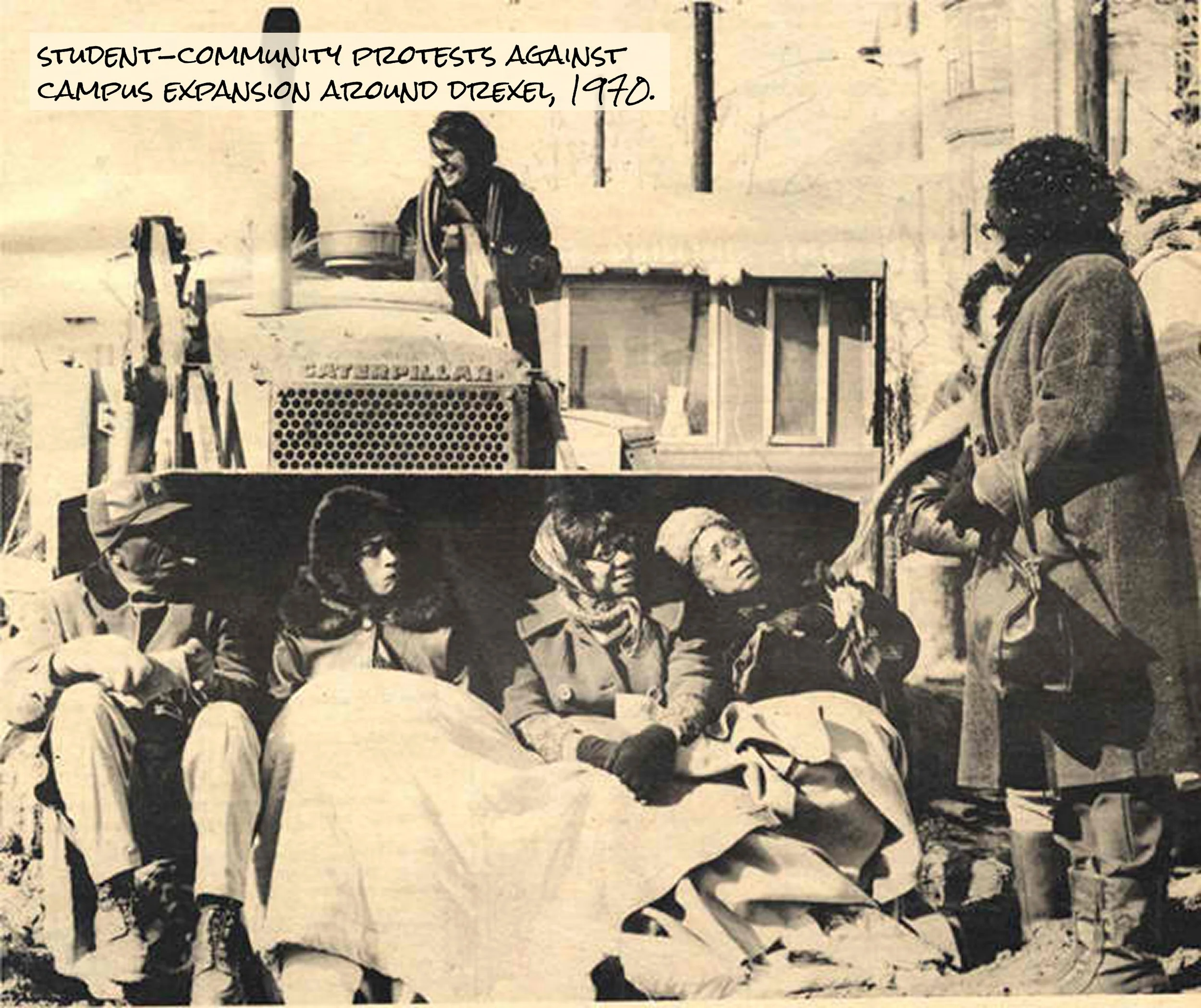 Student-community protests against campus expansion around Drexel, 1970.