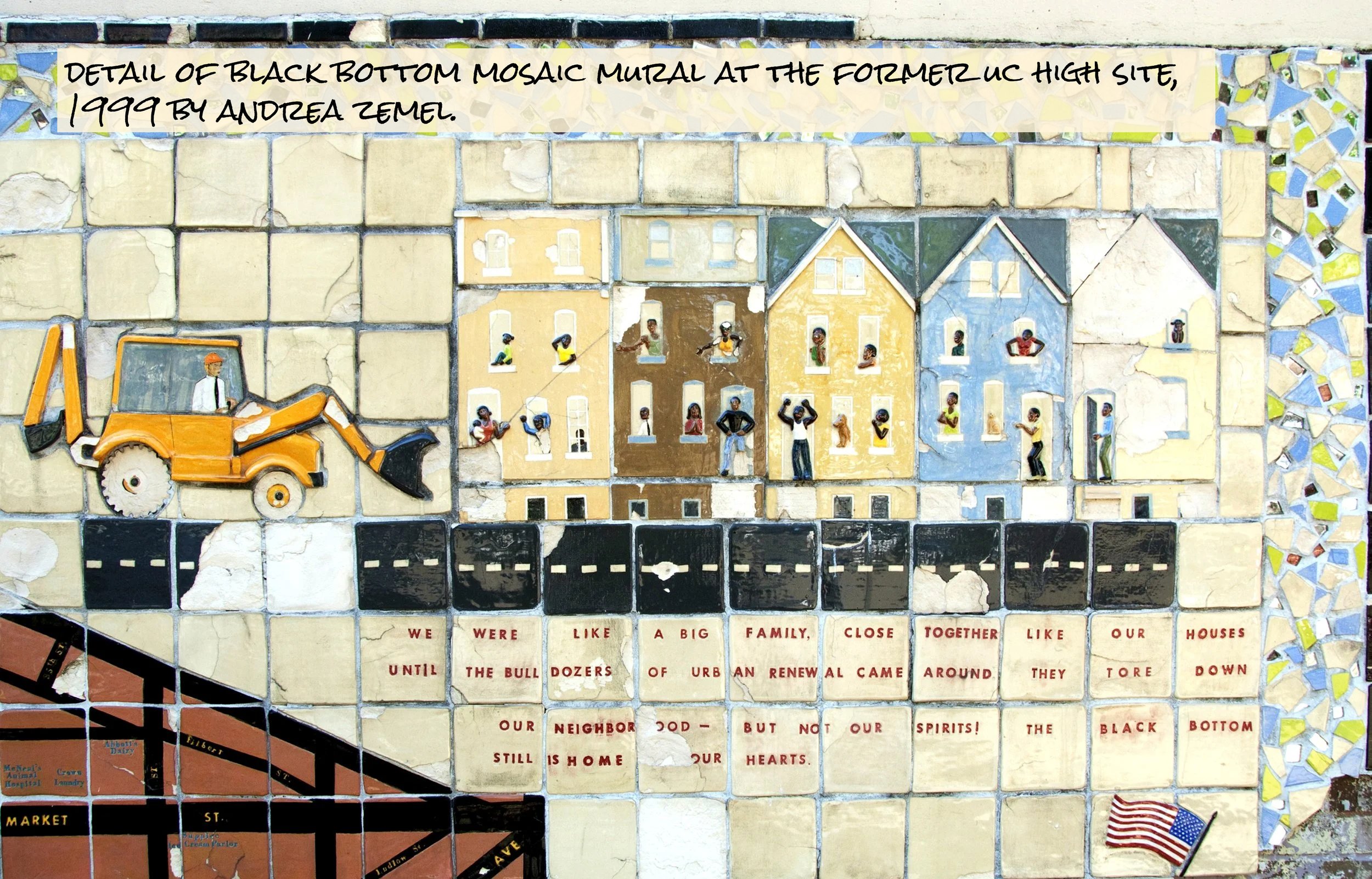 Detail of Black Bottom Mosaic Mural at the former UC High site, 1999 by Andrea Zemel.