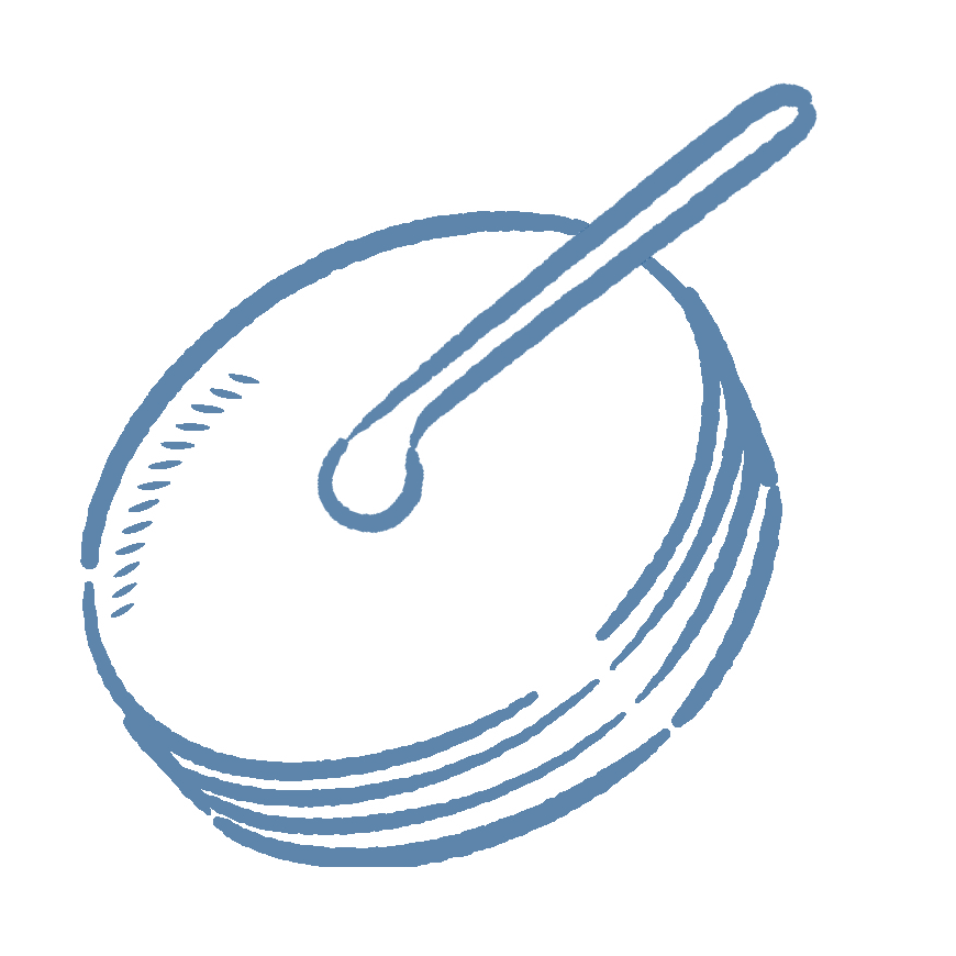 A blue line drawing of a sundae with a cherry on top, a spoon, and three scoops of ice cream.