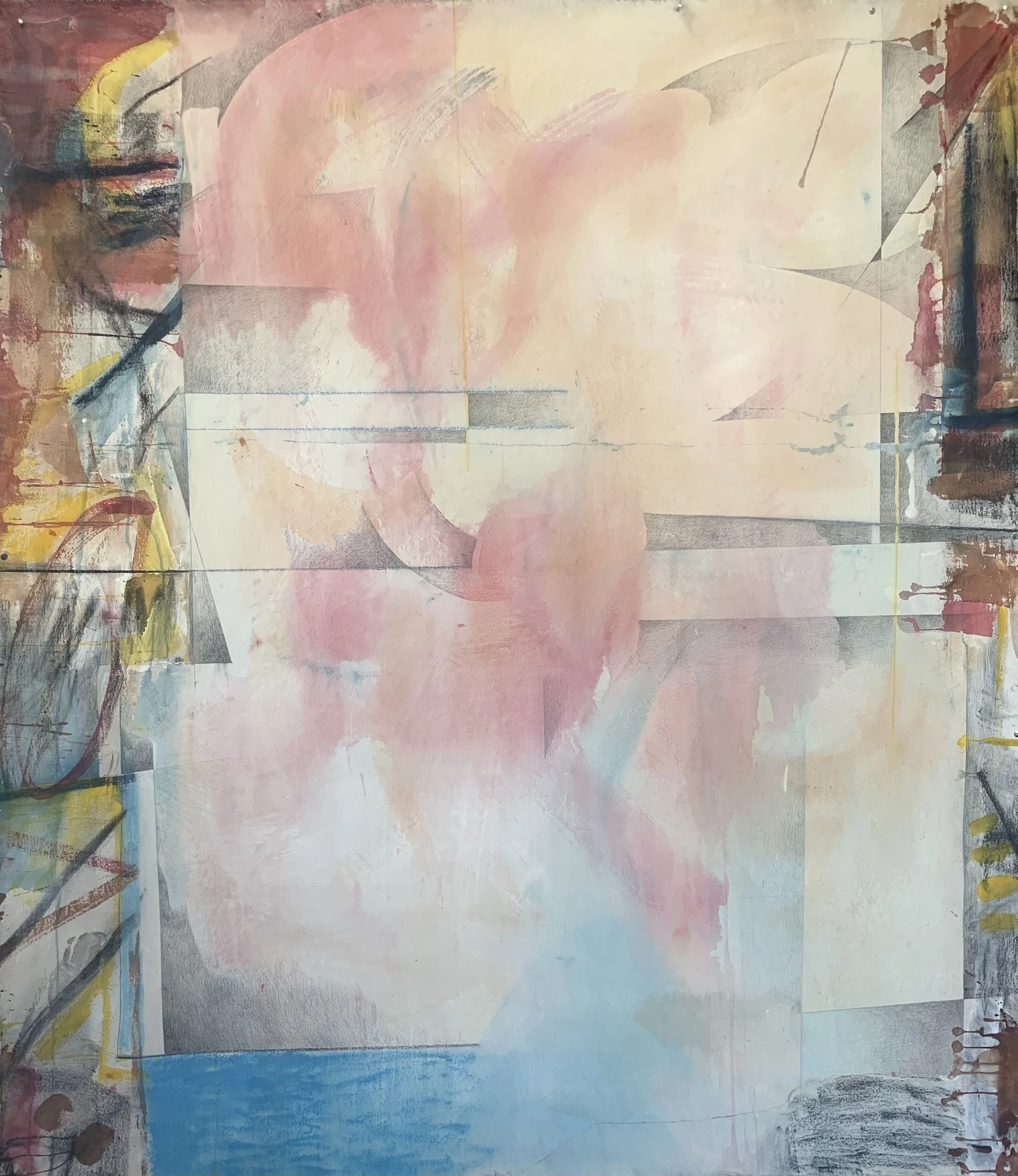 Space between memories,
72 inches x 62 1/2 inches,
Acrylic, pastel, pencil on canvas