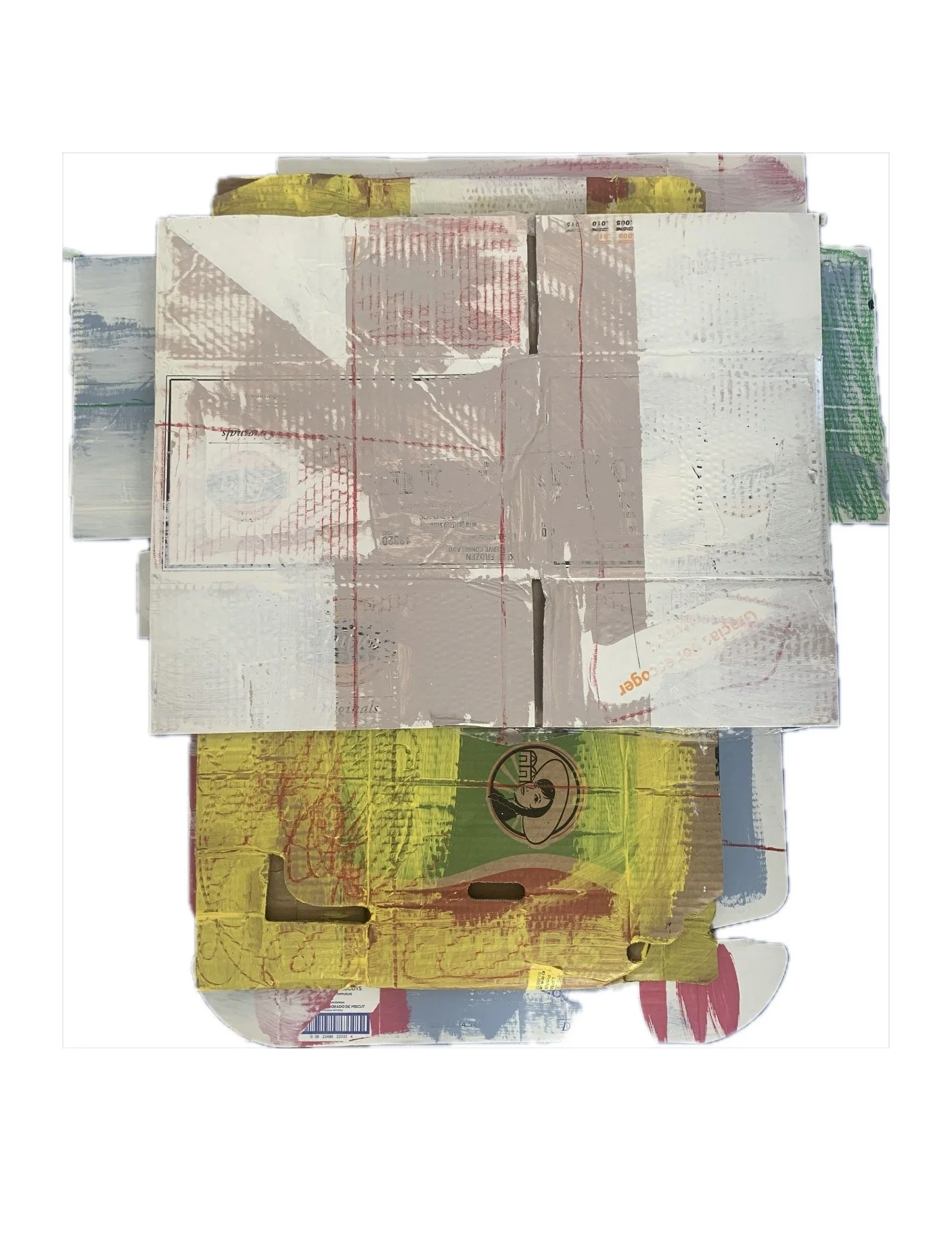Assemblage #1: Reccogar,
36 1/2 inches x 34 inches,
Acrylic, oil pastel, on cardboard