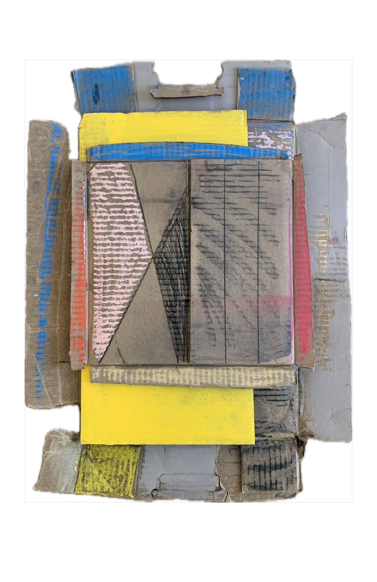Assemblage #7: Trespassing,
28 inches x 24 inches,
Acrylic, oil pastel, pastel, on cardboard 