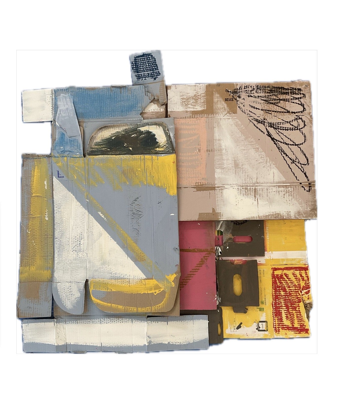 Assemblage #6: On about town,
40 inches x 38 inches,
Acrylic, oil pastel, pastel on cardboard