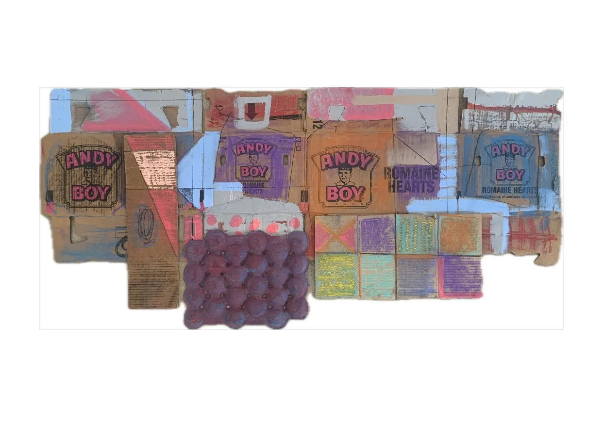 Assemblage #4: Andy Boy,
30 1/2 inches x 65 inches,
Acrylic, oil pastel, pastel on cardboard
