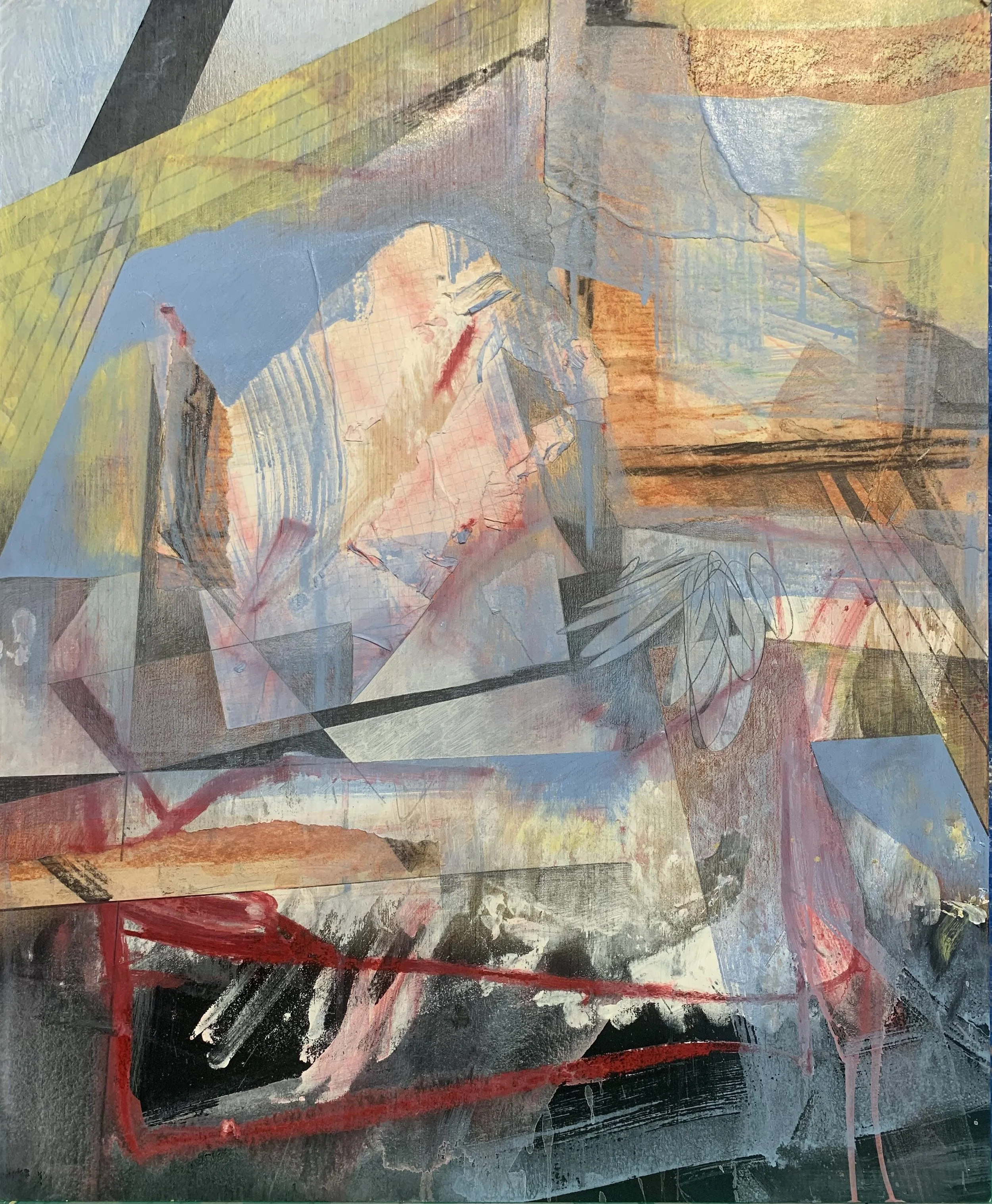 “Driving to Taos”
29 inches x 24 inches
Acrylic, collage, pastel, pencil on wood panel