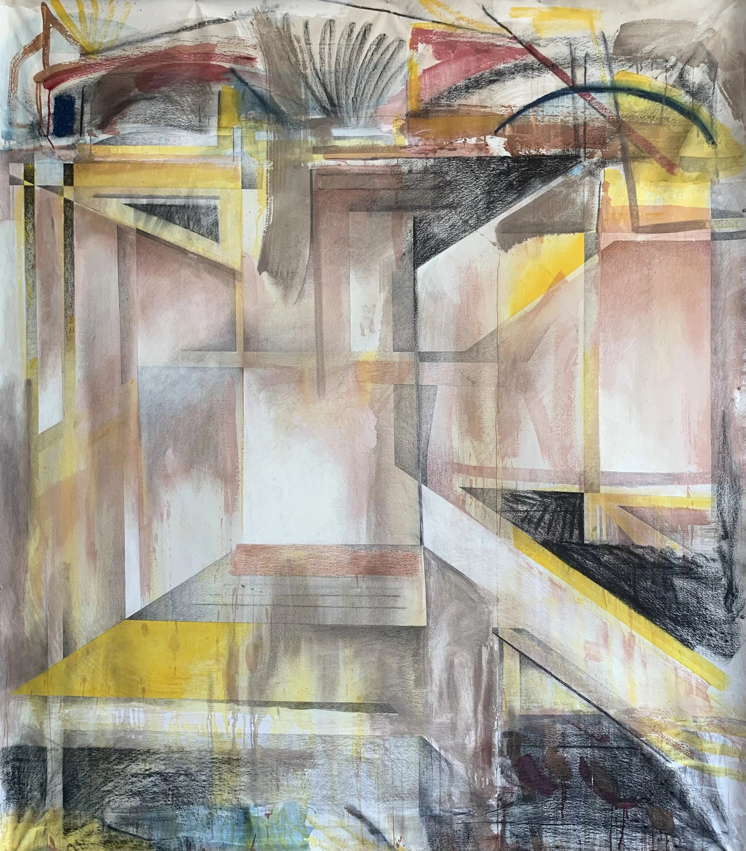 Suspended between,
81 inches x 71 inches,
Acrylic, charcoal, pastel, pencil on canvas