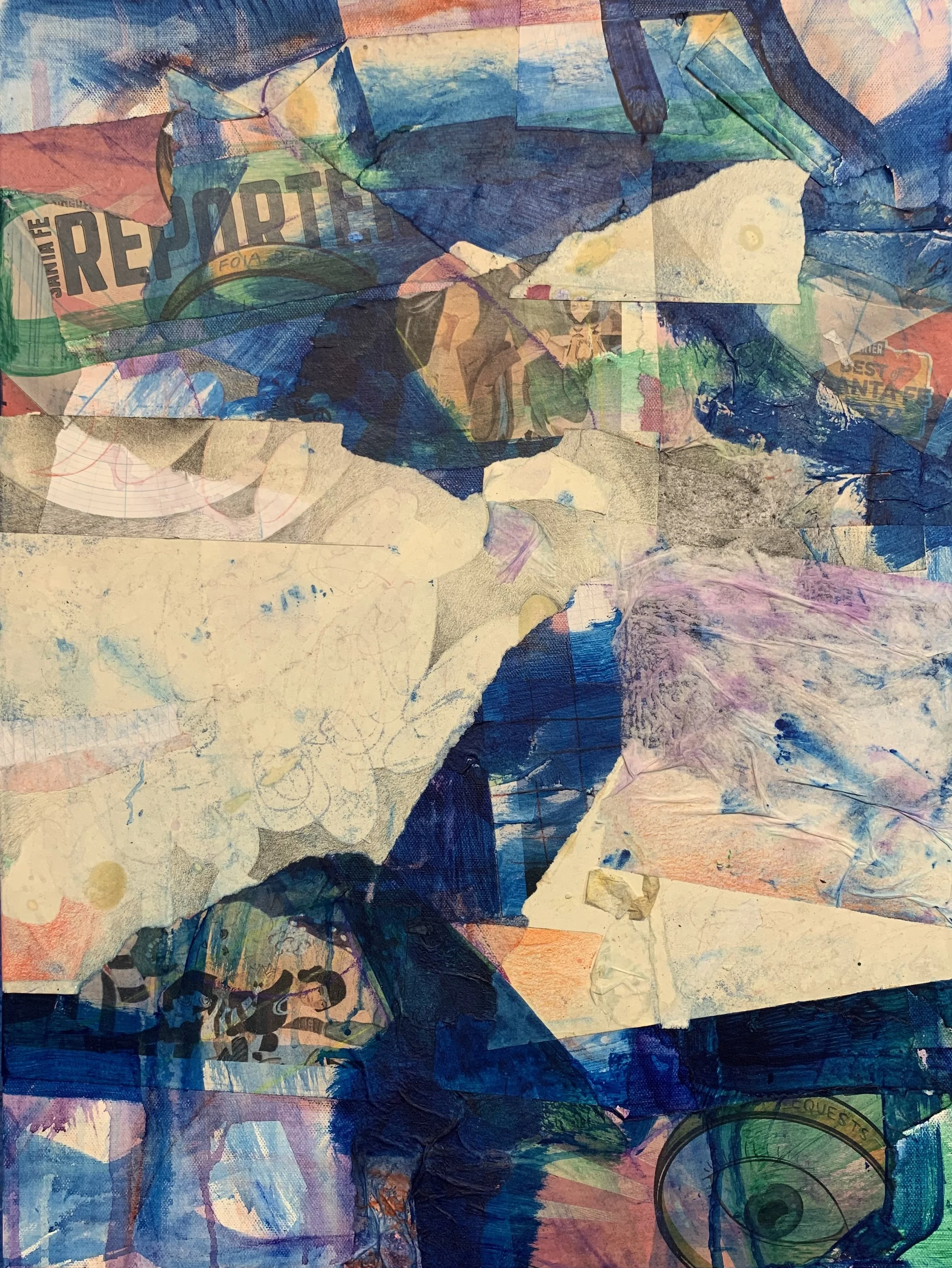 Santa Fe dreaming,
24 inches x 18 inches,
Acrylic, collage, pencil on canvas