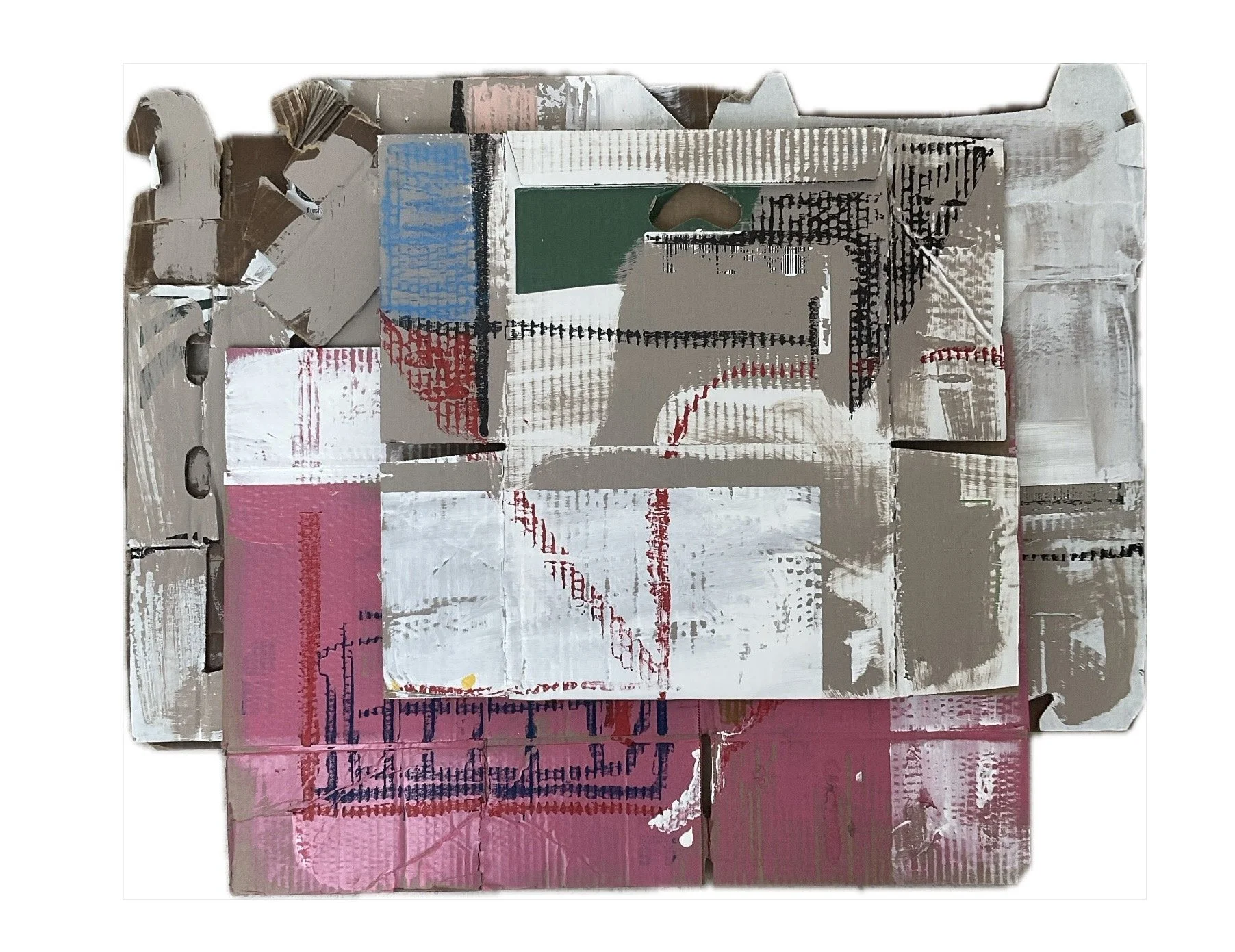 Assemblage #5: Road to Abiquiu,
26 1/2 inches x 33 1/2 inches,
Acrylic, oil pastel, pastel on cardboard