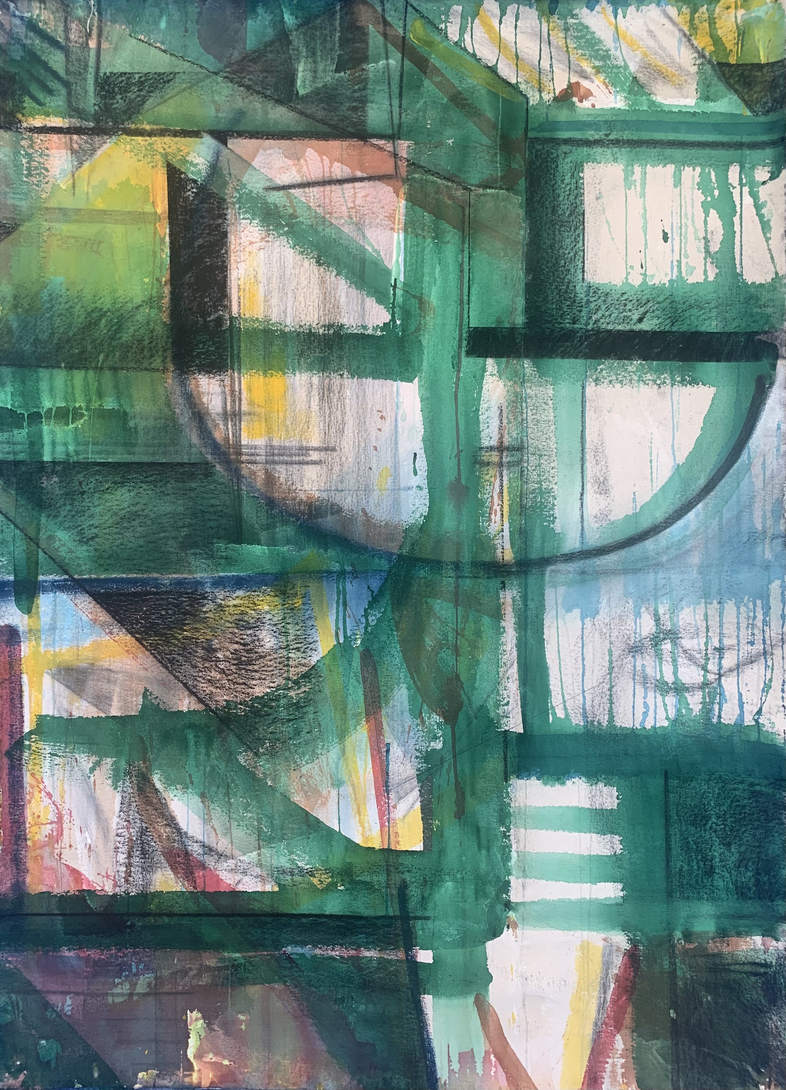 Trains and dreams-suspended,
47 inches x 35 inches,
Acrylic, charcoal, on canvas