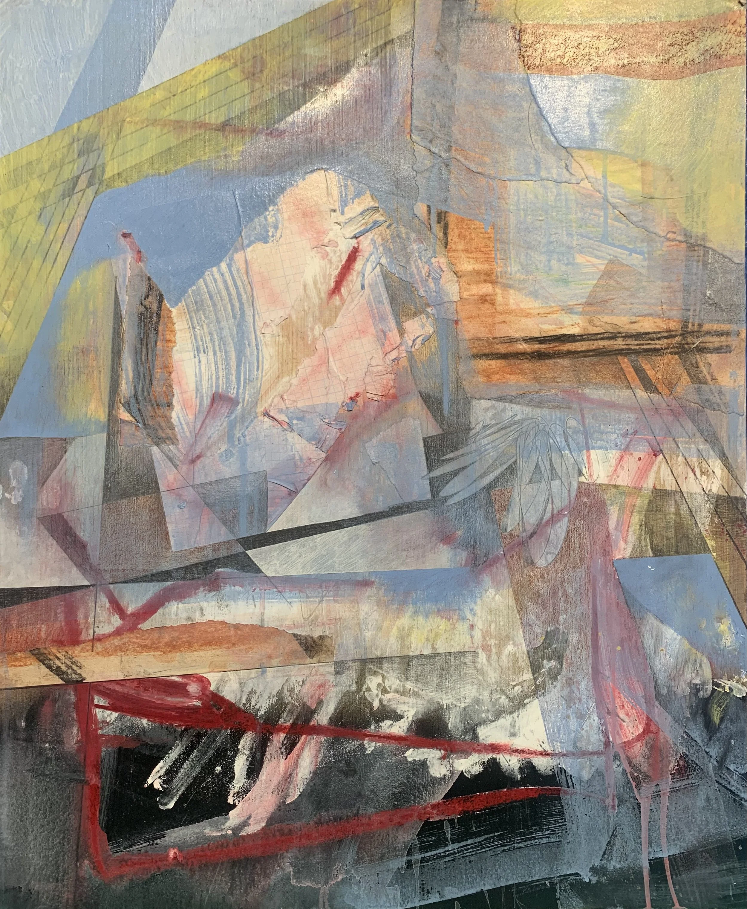 Road Trip,
29 inches x 24 inches,
Acrylic, collage, charcoal, pastel, pencil on wood panel