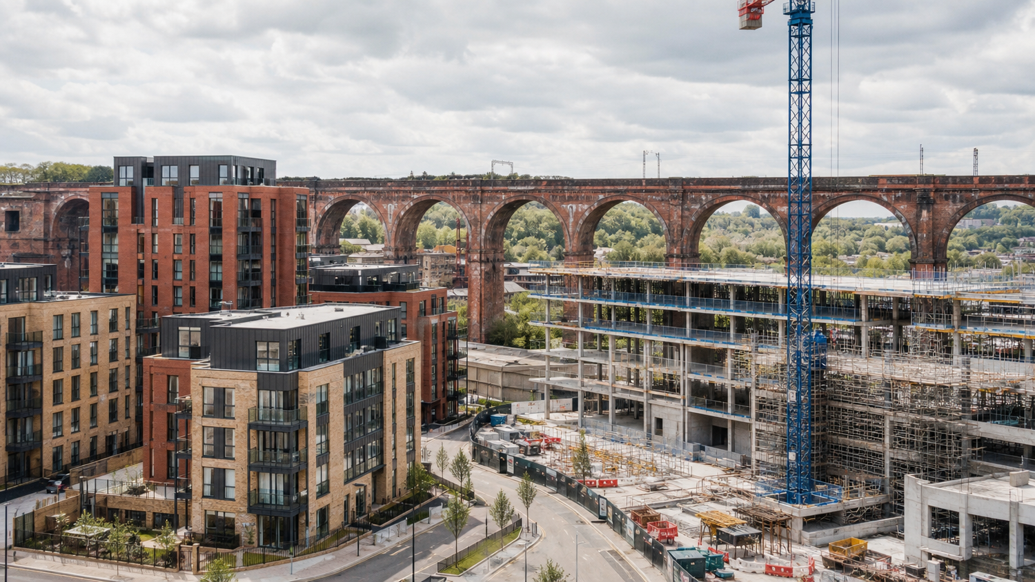 Stockport Viaduct at golden hour with the £1bn town centre regeneration in the foreground