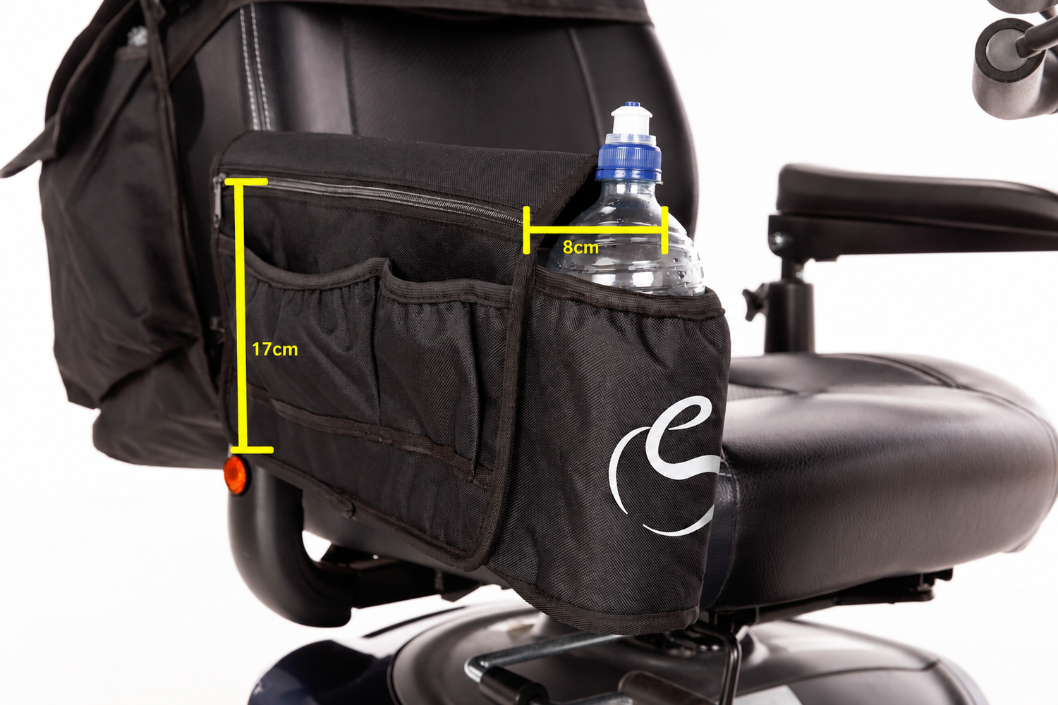 Mobility scooter armrest bag fitted beside the seat with bottle holder visible
