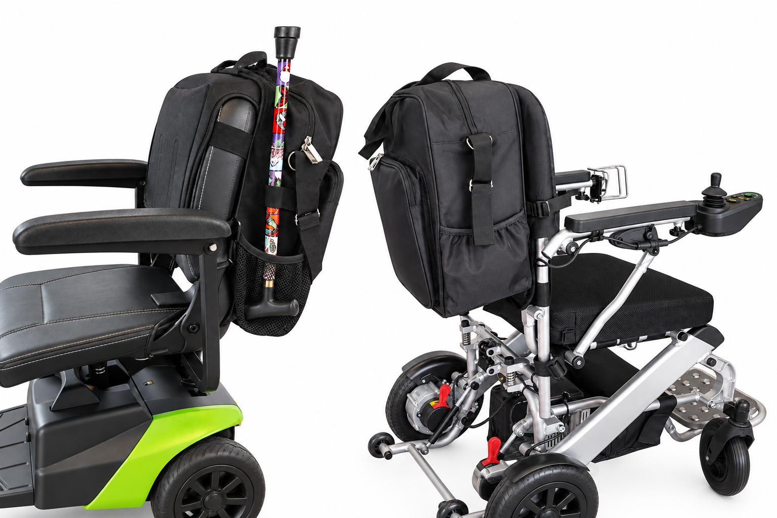 Mini-Scooter Backpack fitted to a mobility scooter and compact powerchair