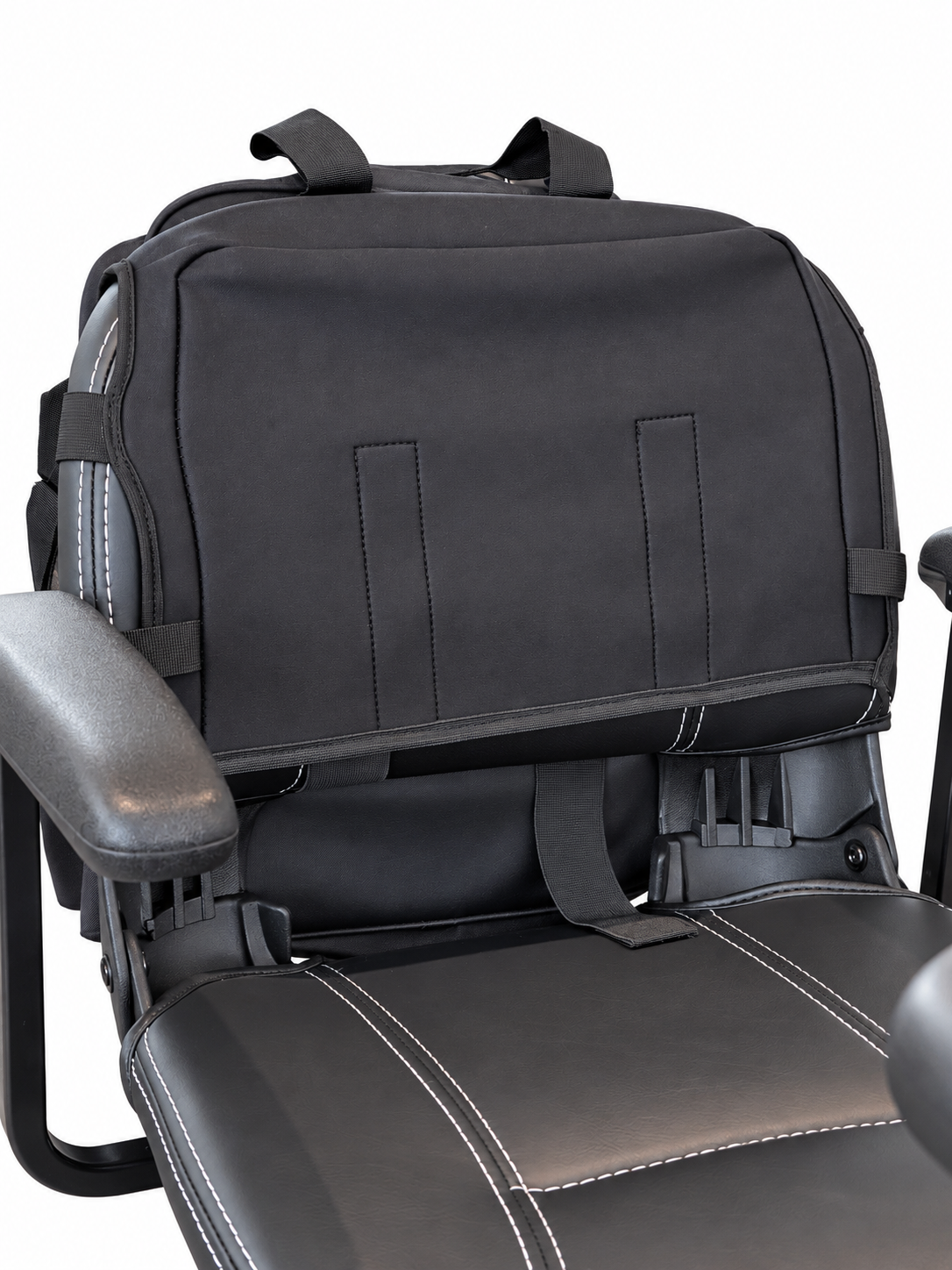 Mini-Scooter Backpack backrest sleeve and attachment straps fitted over a travel scooter seat