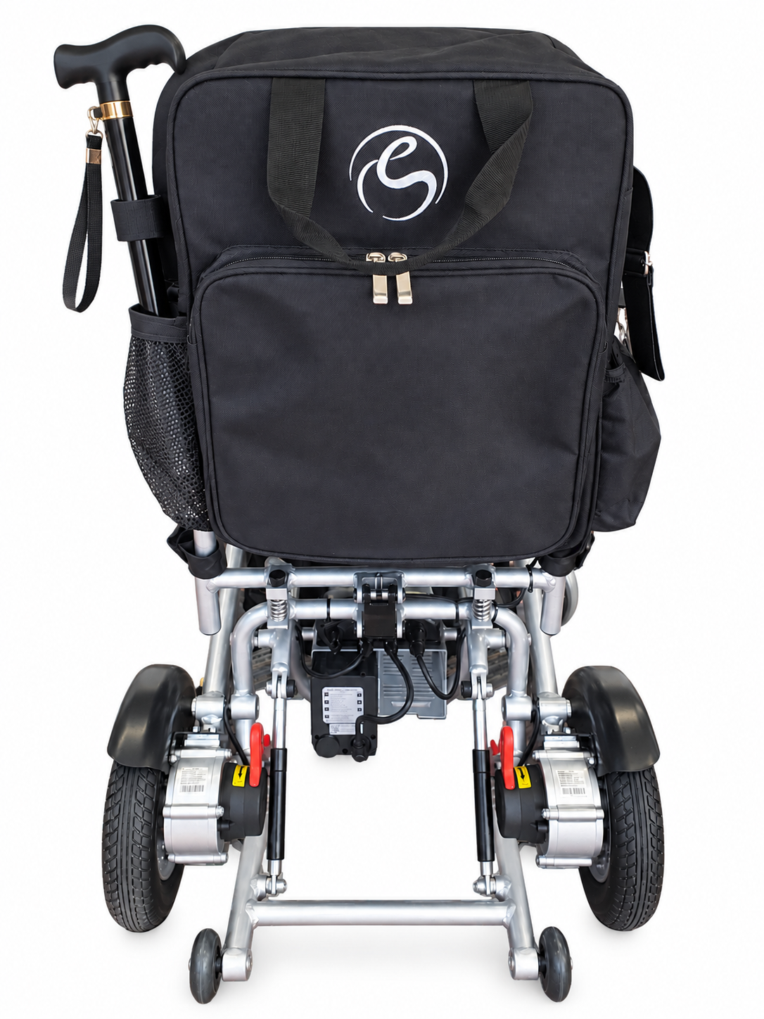 Rear view of a Mini-Scooter Backpack fitted to a travel powerchair