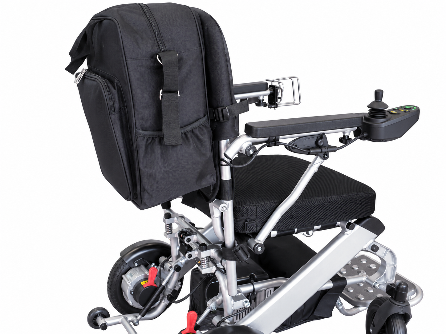 Side view of a Mini-Scooter Backpack fitted to a travel powerchair
