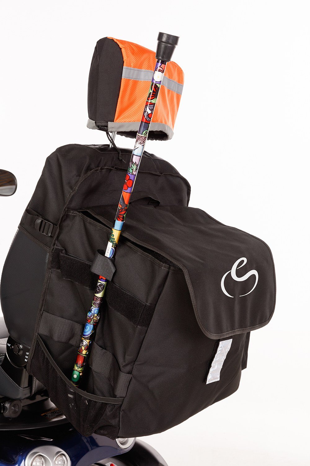 Mobility scooter with a black Scooter Backpack and walking stick behind the seat, showing the current SenseMobility logo.